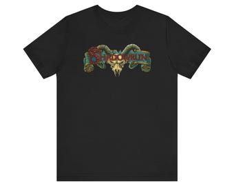 May include: Black t-shirt with a graphic of a skull with horns and the text "Shadowrun" in a banner.