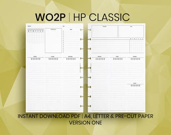 May include: A white planner insert with a weekly layout, featuring sections for daily tasks, notes, and a habit tracker. The text "WO2P HP CLASSIC" is at the top. The bottom text reads "INSTANT DOWNLOAD PDF | A4, LETTER & PRE-CUT PAPER VERSION ONE".