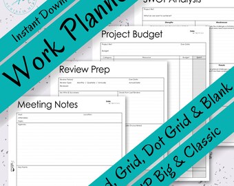 May include: A collection of printable work planner pages with various layouts, including project budget, review prep, meeting notes, and SWOT analysis. The pages are white with black text and are labeled "Lined, Grid, Dot Grid & Blank" and "HP Big & Classic."