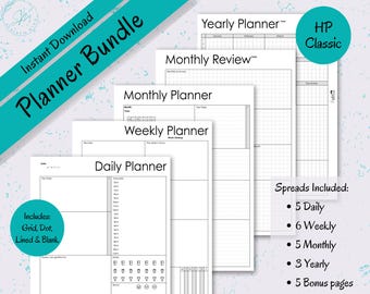 May include: A planner bundle with daily, weekly, monthly, and yearly layouts. The pages are white with black text and grid lines. The bundle includes dot, lined, and blank pages. The text includes "Instant Download" and "Planner Bundle."