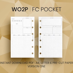 May include: Two white planner pages with a gold background. The left page has sections for goals, priorities, and notes. The right page has a section for the week's schedule. Text on the image reads "WO2P | FC POCKET" and "INSTANT DOWNLOAD PDF | A4, LETTER & PRE-CUT PAPER VERSION ONE."
