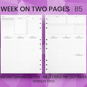 May include: A B5-sized weekly planner insert with a two-page spread. The left side features a calendar, space for weekly goals, and daily entries. The right side includes sections for priorities and dates. Text at the top reads "WEEK ON TWO PAGES | B5".
