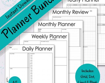 May include: A planner bundle with a teal banner reading "Planner Bundle" and "Instant Download." The bundle includes yearly, monthly, weekly, and daily planner pages. The pages are white with black text and include options for grid, dot, lined, and blank pages.