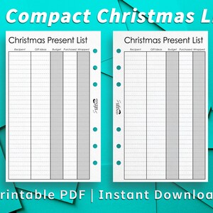 May include: Printable Christmas present list with columns for recipient, gift ideas, budget, purchased, and wrapped. The list is designed for a compact planner.