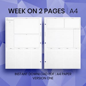 May include: Two-page planner spread with the text "WEEK ON 2 PAGES | A4". The pages are white with black lines and text, designed for weekly scheduling. Includes sections for daily tasks and notes. "INSTANT DOWNLOAD PDF | A4 PAPER VERSION ONE" is also displayed.