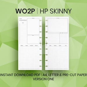 Könnte beinhalten: Weiße Planereinlagen mit Tages- und Wochenlayout. Die Einlagen haben Abschnitte für Ziele, Aufgaben und einen Gewohnheitstracker. Der Text "WO2P | HP SKINNY" steht oben. Der Text unten lautet "INSTANT DOWNLOAD PDF | A4, LETTER & PRE-CUT PAPER VERSION ONE".