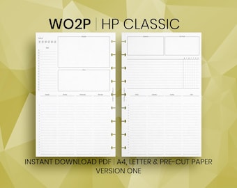 May include: A white planner insert with a two-page spread. The left page has sections for the week's tasks and notes, while the right page includes a habit tracker. Text at the top reads "WO2P | HP CLASSIC". The bottom text says "INSTANT DOWNLOAD PDF | A4, LETTER & PRE-CUT PAPER VERSION ONE".