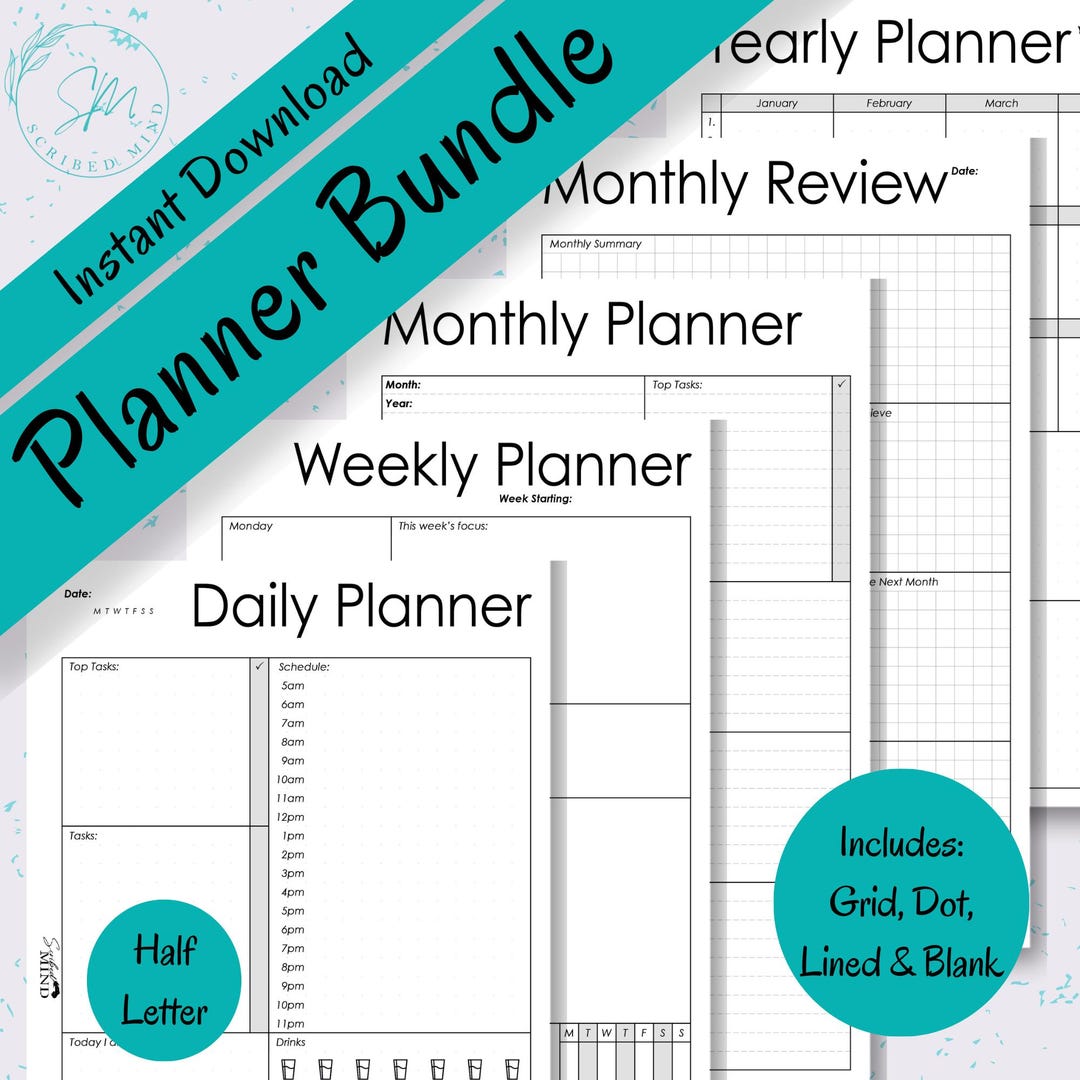 Half Letter Printable Planner Bundle - Daily, Weekly, Monthly & Yearly ...