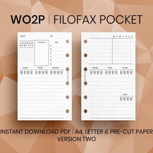 May include: Two white Filofax Pocket planner inserts with a minimalist design. One insert features a weekly calendar, a to-do list, and a section for notes. The other insert has a weekly habit tracker. Text on the image reads "WO2P | FILOFAX POCKET" and "INSTANT DOWNLOAD PDF | A4, LETTER & PRE-CUT PAPER VERSION TWO."