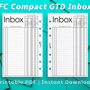 May include: A printable PDF download of a compact GTD inbox with two pages. Each page has a checklist with columns for "Next Action", "Waiting On", "Projects", "Schedule", "Someday Maybe", "Reference", and "Trash". The title of each page is "Inbox".