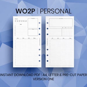 Può includere: Inserto per planner a due pagine con il testo "WO2P | PERSONAL". La pagina sinistra include sezioni per la settimana, le attività quotidiane, le priorità e la concentrazione. La pagina destra ha una sezione per la settimana scorsa e un tracker delle abitudini quotidiane. Il testo in basso recita "DOWNLOAD IMMEDIATO PDF | A4, LETTER & CARTA PRETAGLIATA VERSIONE UNO".