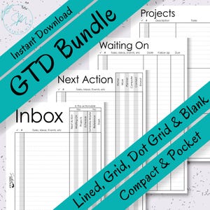 Peut inclure: Ensemble de pages de planificateur imprimables avec une bannière diagonale turquoise indiquant "GTD Bundle". Les pages comprennent des sections pour les projets, en attente, les prochaines actions et une boîte de réception. Le texte "Lined, Grid, Dot Grid & Blank Compact & Pocket" est également visible.