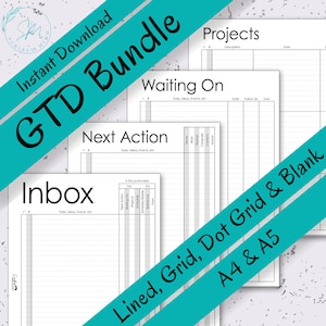 以下が含まれることがあります： 「GTD Bundle」、「Inbox」、「Next Action」、「Waiting On」、「Projects」の文字が入った、印刷可能なプランナーページ一式。罫線、グリッド、ドットグリッドのレイアウトで、A4とA5サイズがあります。白文字のターコイズ色の斜めバナーもデザインされています。