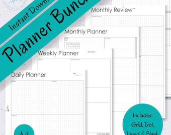 May include: A planner bundle with a teal banner that reads "Planner Bundle" and "Instant Download." The bundle includes daily, weekly, monthly, and yearly planners. The pages are white with grid, dot, lined, and blank options. The size is A4.