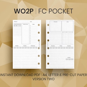 May include: Two white planner inserts with a weekly layout, featuring sections for tasks, notes, and a calendar grid. The text "WO2P | FC POCKET" is at the top. The bottom text reads "INSTANT DOWNLOAD PDF | A4, LETTER & PRE-CUT PAPER VERSION TWO".