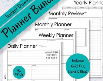 May include: A collection of printable planner pages, including daily, weekly, monthly, and yearly layouts. The bundle includes grid, dot, lined, and blank pages. The text "Planner Bundle" is displayed in large, black, handwritten-style font over a teal banner.