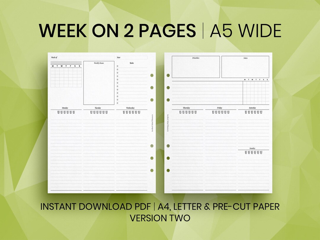 A5 Wide Planner Inserts | Week on Two Pages (digital Download) - Etsy