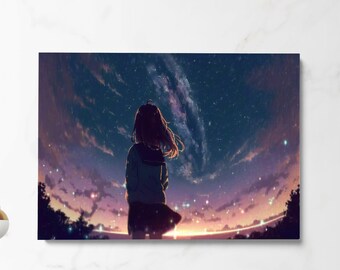 A lonely anime girl watching a beautiful sky full of stars | anime manga poster | wonderful dreamland poster
