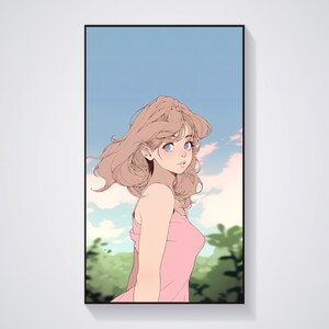 a cute red dressed vintage anime girl with brown hair, classic manga wall art decor, digital printable file for home, vintage manga anime