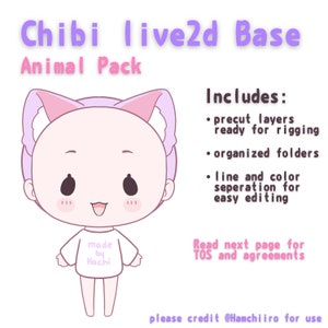 Può includere: Un'illustrazione digitale di un Chibi live2d Base Animal Pack. L'immagine presenta un personaggio dei cartoni animati con orecchie da gatto, che indossa una maglietta bianca con la scritta "made by Hachi". L'immagine include il testo che dice "Includes: precut layers ready for rigging, organized folders, line and color separation for easy editing."