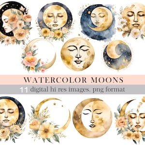 Watercolor Moon Clipart. Celestial Moon Faces and Floral PNG. Boho Lunar Art for Scrapbooking, Cards & Digital Design. Tattoo.Commercial use