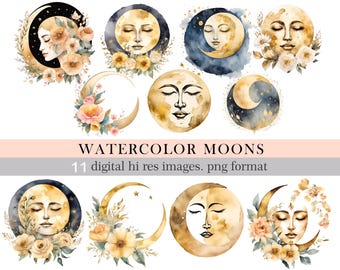 Watercolor Moon Clipart. Celestial Moon Faces and Floral PNG. Boho Lunar Art for Scrapbooking, Cards & Digital Design. Tattoo.Commercial use