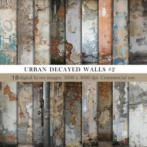 May include: A collection of 18 digital high-resolution images featuring urban decayed walls. The images showcase weathered textures, peeling paint, exposed brick, and graffiti. The text "URBAN DECAYED WALLS #2" is displayed.