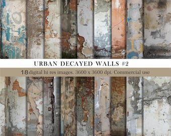 Papel digital de paredes urbanas deterioradas. 18 texturas grunge. Fondos de pintura descascarada, ladrillo y hormigón. Paquete de álbumes de recortes digitales. Uso comercial.