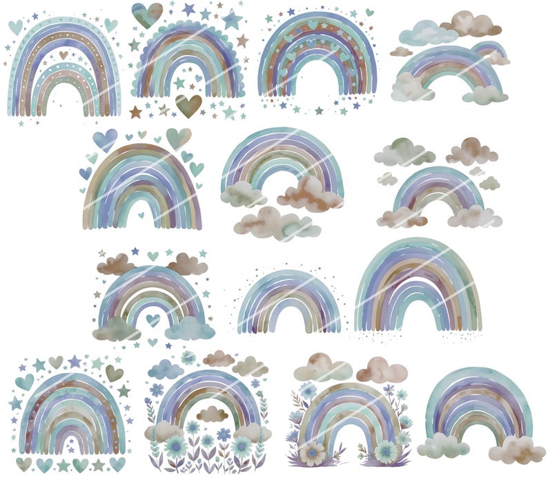 Blue Watercolor Boho Rainbow Clipart. 26 PNG Rainbows With Clouds ...