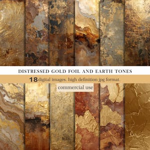 Cyfrowy papier z postarzaną złotą folią, tekstury w odcieniach ziemi, abstrakcyjne metaliczne tła do scrapbookingu, papiery vintage do druku, zastosowanie komercyjne