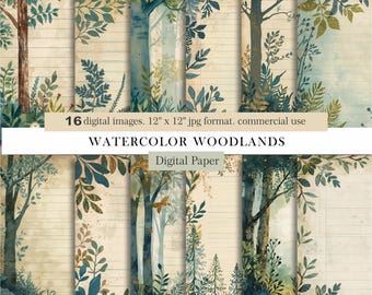 Watercolor Woodland Digital Paper Pack,Commercial Use,Forest Journal Pages, Vintage Lined Paper,Nature Scrapbook & Junk Journal Backgrounds,