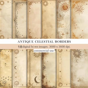 Papel digital com bordas celestiais antigas, páginas vintage de diário de sol, lua e estrelas, álbum de recortes de astrologia para impressão, 18 JPGs, uso comercial