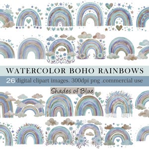 Watercolor Boho Rainbow Clipart Blue | 26 PNG Rainbows with Clouds Hearts & Flowers | High‑Res Digital Art instant Download | Commercial Use
