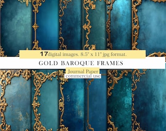 Gold Baroque Frames on Blue Vintage Journal Pages. Ornate Gold Frame . Scrapbook & Journal Backgrounds. Digital Download.Commercial Use