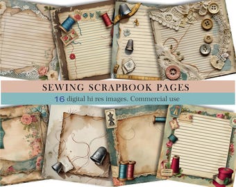 Sewing Scrapbook Pages – 16 Vintage Sewing Journal Papers with Buttons, Lace & Thread,Junk Journal Kit,Antique Sewing Journal,Commercial Use