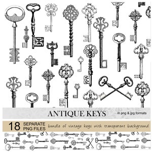 Antieke sleutels illustratie. Vintage Victoriaanse sleutels. Afdrukbare plakboeksleutels. Oude sleutels digitale download. Sierlijke belangrijke illustraties. Decoratieve sleutels