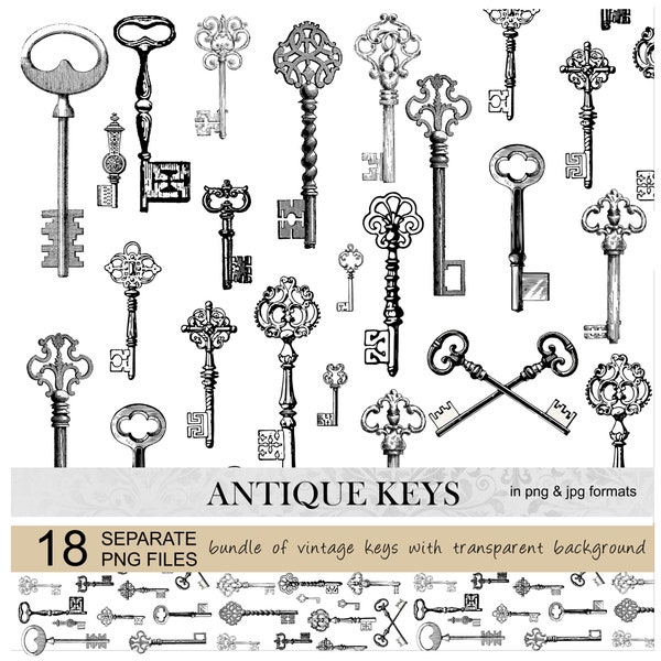 Antique keys illustration.Vintage Victorian keys.Printable scrapbook keys.Ancient keys digital download.Ornate key clip art.Decorative keys