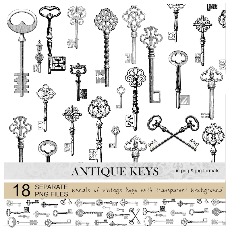 Antique keys illustration.Vintage Victorian keys.Printable scrapbook keys.Ancient keys digital download.Ornate key clip art.Decorative keys image 1