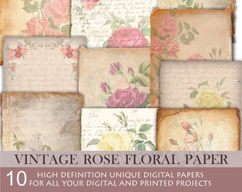 Vintage floral paper.Digital antique rose floral paper.Floral vintage ephemera.Floral vintage scrapbook paper.Old rose floral paper.