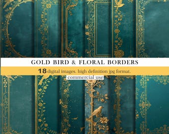 Gold Bird & Floral Borders Digital Paper. Teal Baroque Journal Pages. Ornate Vintage Frame Backgrounds.Printable Download For Commercial Use