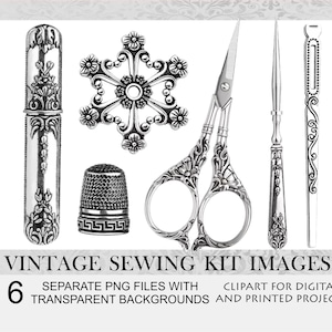 Clipart di kit da cucito in argento vintage. Cucito vittoriano. Foglio collage di cucito antico. Forbici vintage. Forbici da ricamo antiche. Forbici ornate.