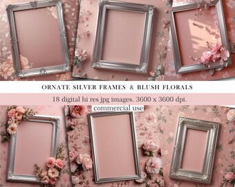 Cadre argenté fleuri, papier numérique floral blush, arrière-plans roses de scrapbooking, faire-part de mariage, téléchargement numérique, 18 fichiers JPG. Utilisation commerciale