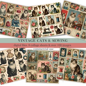 Collages vintage de gatos y costura. Descarga digital, 8 páginas, efímeras para diarios basura, manualidades y tarjetería. Uso comercial.
