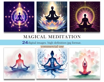 Clipart di meditazione magica. Immagini di meditazione di astrologia mistica. Clipart di yoga ad acquerello. 24 file clipart. Download immediato. Uso commerciale.