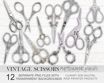 Tijeras de costura de plata vintage, foto clipart.Costura victoriana.Collage de costura antiguo.Tijeras vintage.Tijeras de bordado antiguas adornadas.