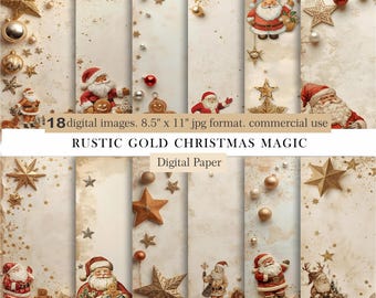 Rustic Gold Christmas Magic, 18 Digital Papers, Vintage Santa & Holiday Backgrounds, Christmas Writing Paper, Scrapbooking, Commercial Use,