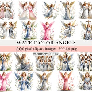 Watercolor Angel Clipart | 20 PNG Christian Angels with Wings & Flowers | Religious Spiritual Art | High‑Res digital download.Commercial Use