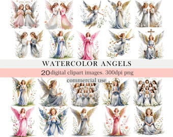 Watercolor Angel Clipart | 20 PNG Christian Angels with Wings & Flowers | Religious Spiritual Art | High‑Res digital download.Commercial Use