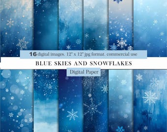 Blue Skies & Snowflakes Digital Paper.Winter Blue Backgrounds.Snowflake Scrapbook Paper.Blue watercolor skies with snowflakes.Commercial Use