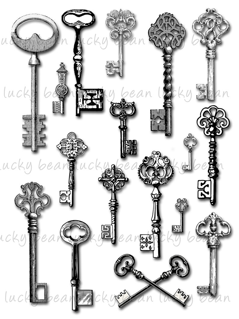 Antique keys illustration.Vintage Victorian keys.Printable scrapbook keys.Ancient keys digital download.Ornate key clip art.Decorative keys image 3